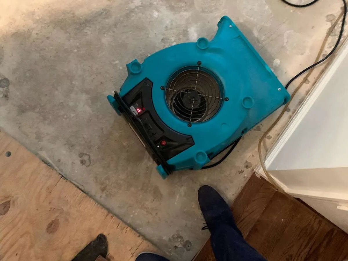 Air mover drying subfloor during Leak Detection & Repair in Coldwater